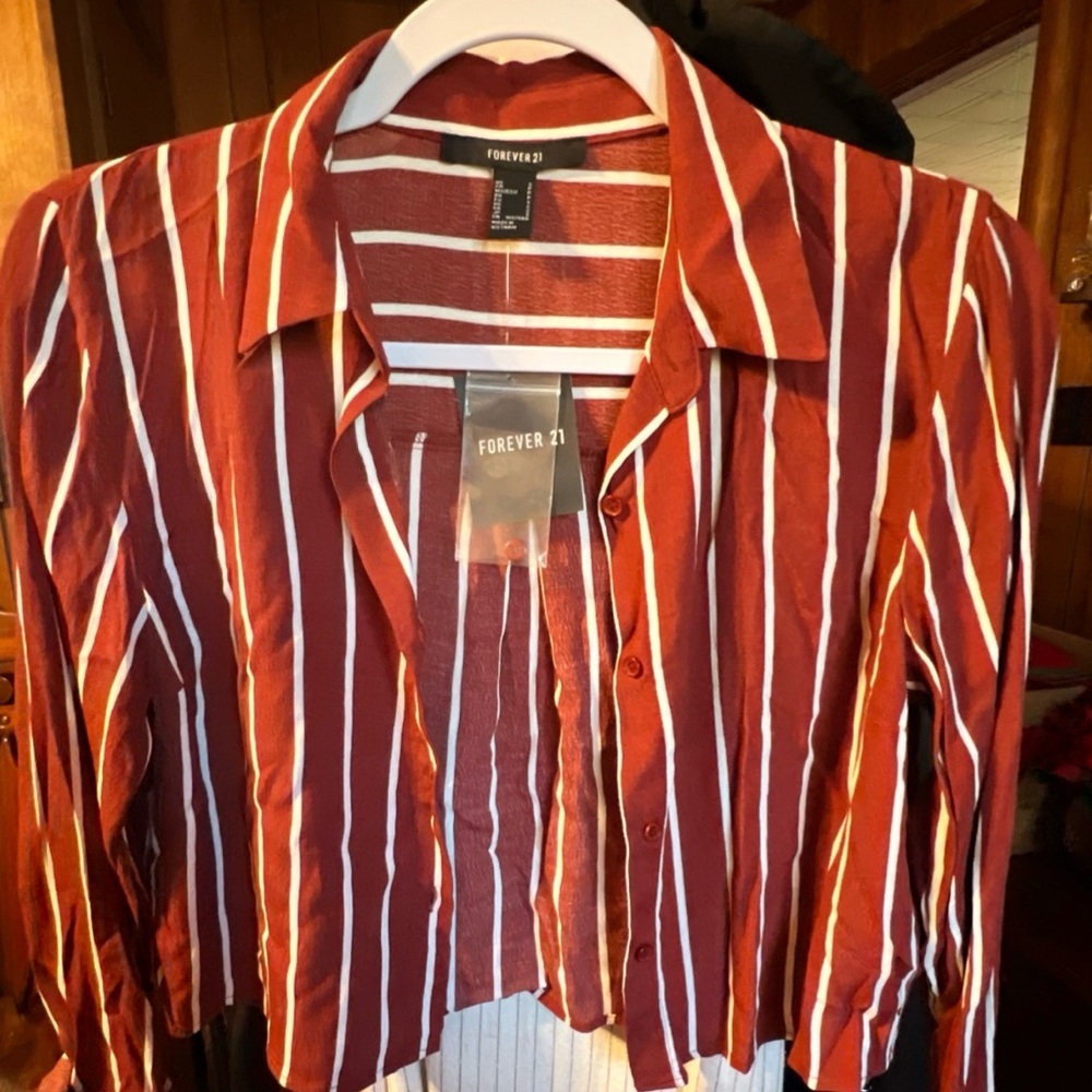 Forever 21 Burgundy and White Striped Cropped Shirt